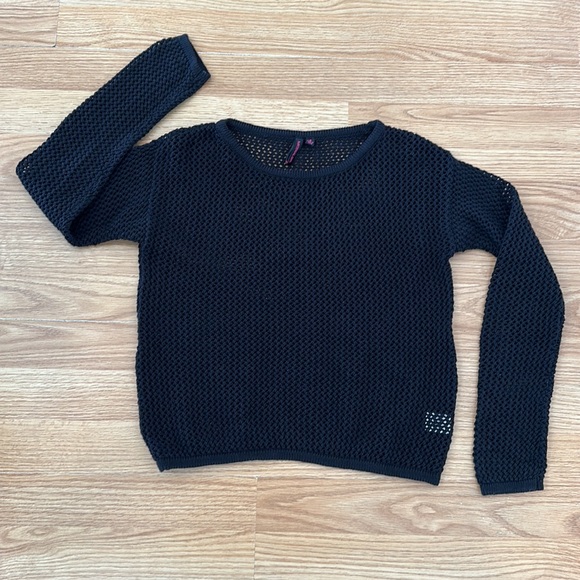 Material Girl Sweaters Material Girl Open Knit Crochet Black Boat